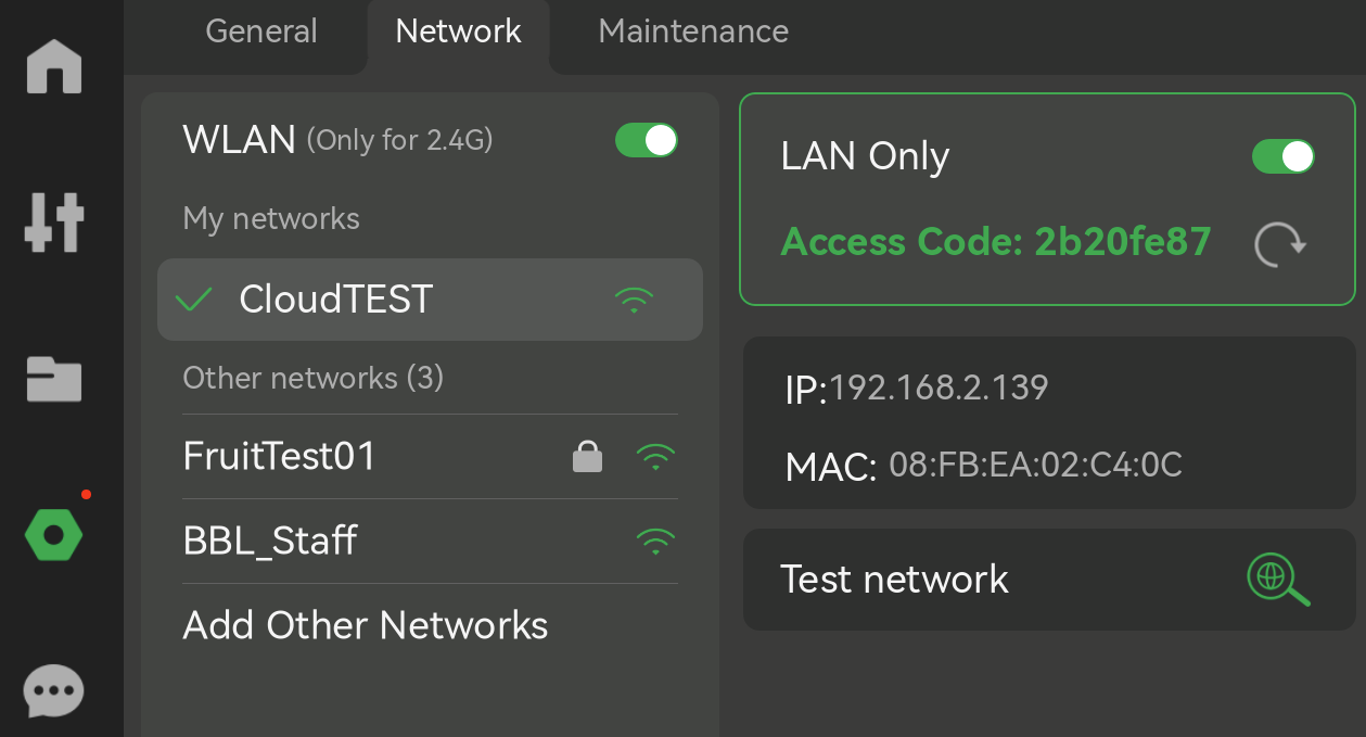 Printer Network settings screenshot